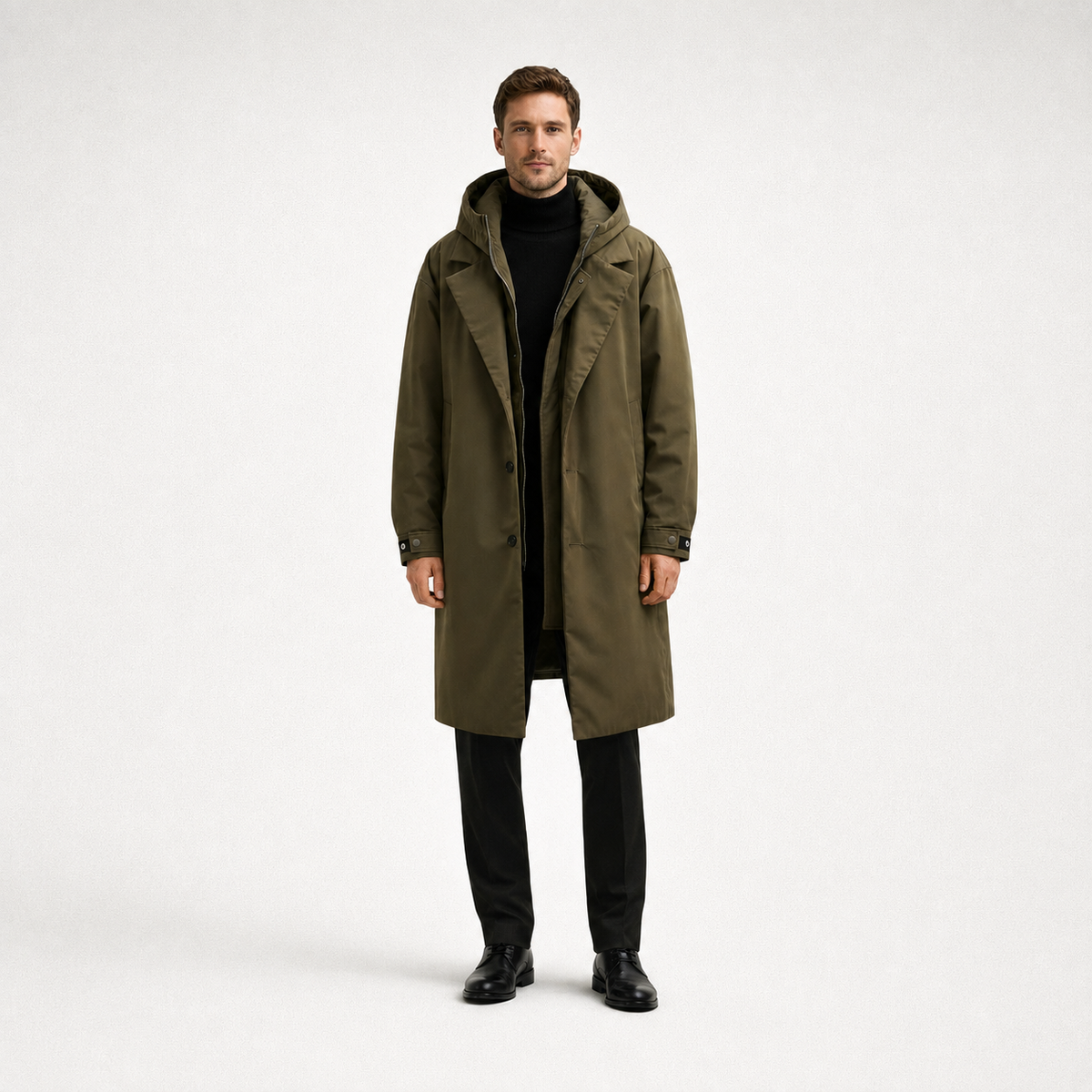 Herren Puffer Trenchcoat – Wasserdichter Langer Mantel Mit Kapuze