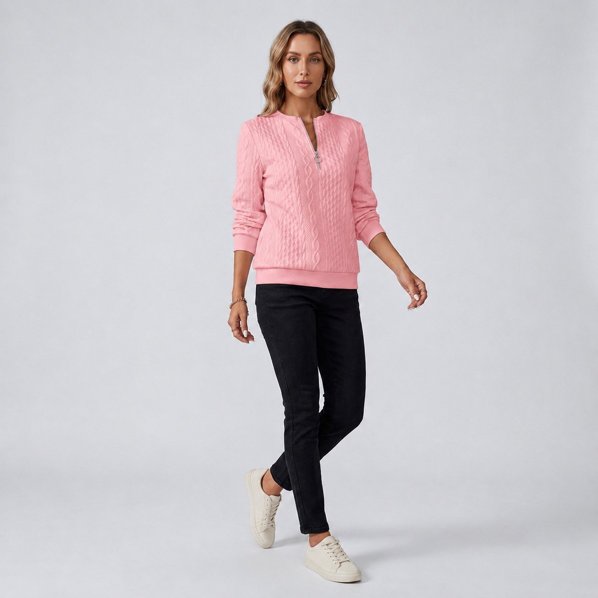 Damen Pullover mit Zopfmuster und Reißverschluss