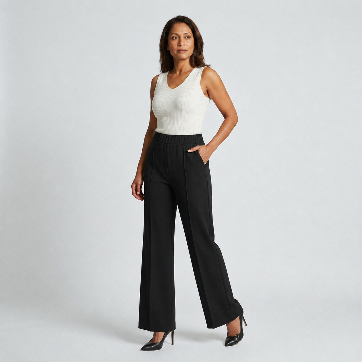 Damen High Waist Stoffhose mit weitem Bein