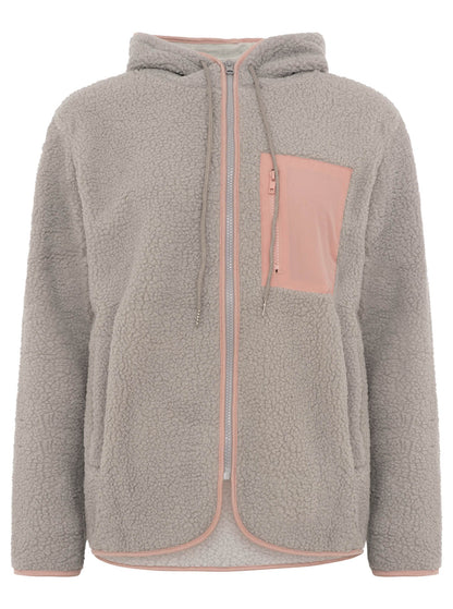 Hellgraue Woll-Teddyjacke mit Kapuze für Damen