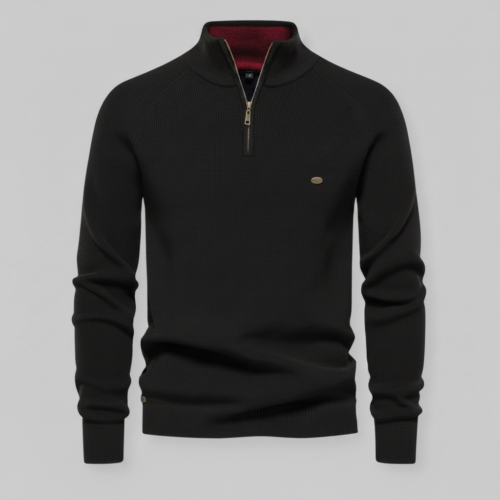 Schwarzer Herrenpullover mit Reißverschluss | Slim-Fit Strickpullover