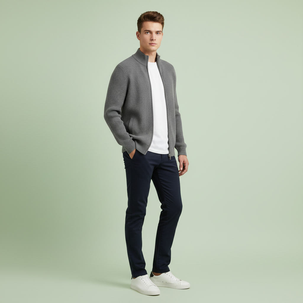 Slim-Fit Cardigan Herren | Rippstrickjacke mit Reißverschluss