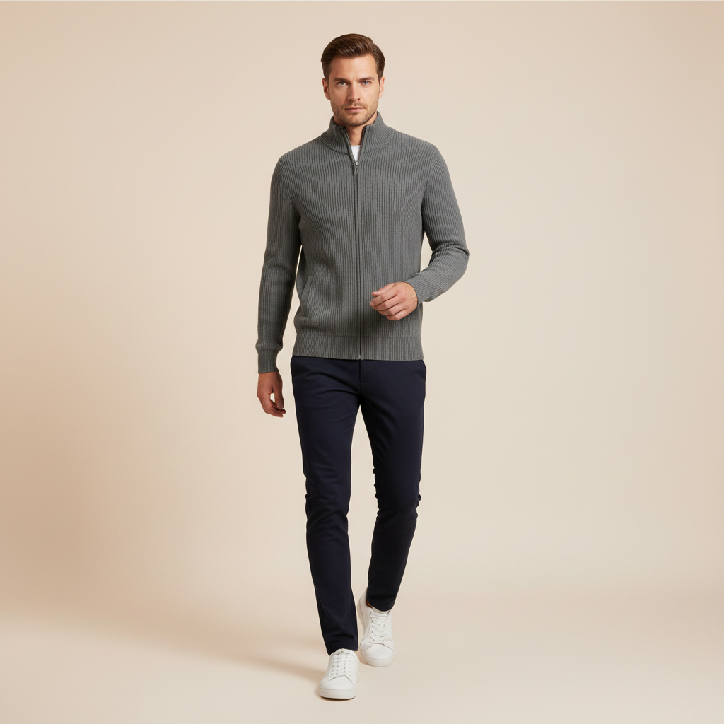 Slim-Fit Cardigan Herren | Rippstrickjacke mit Reißverschluss