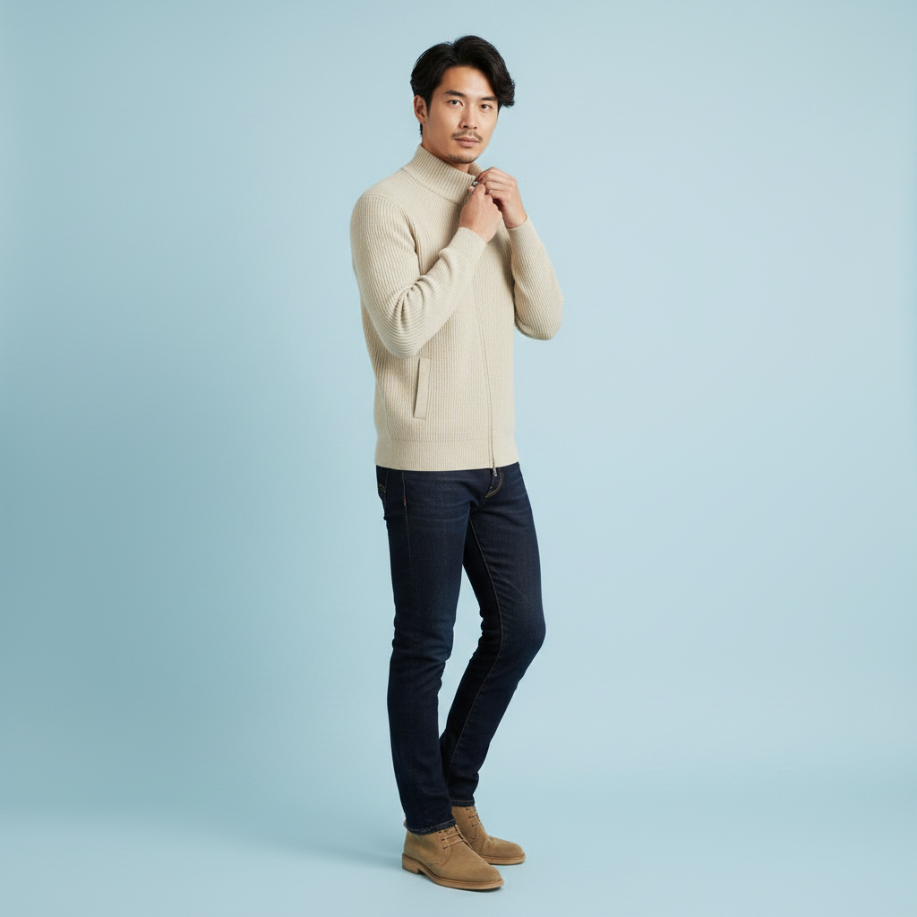 Slim-Fit Cardigan Herren | Rippstrickjacke mit Reißverschluss