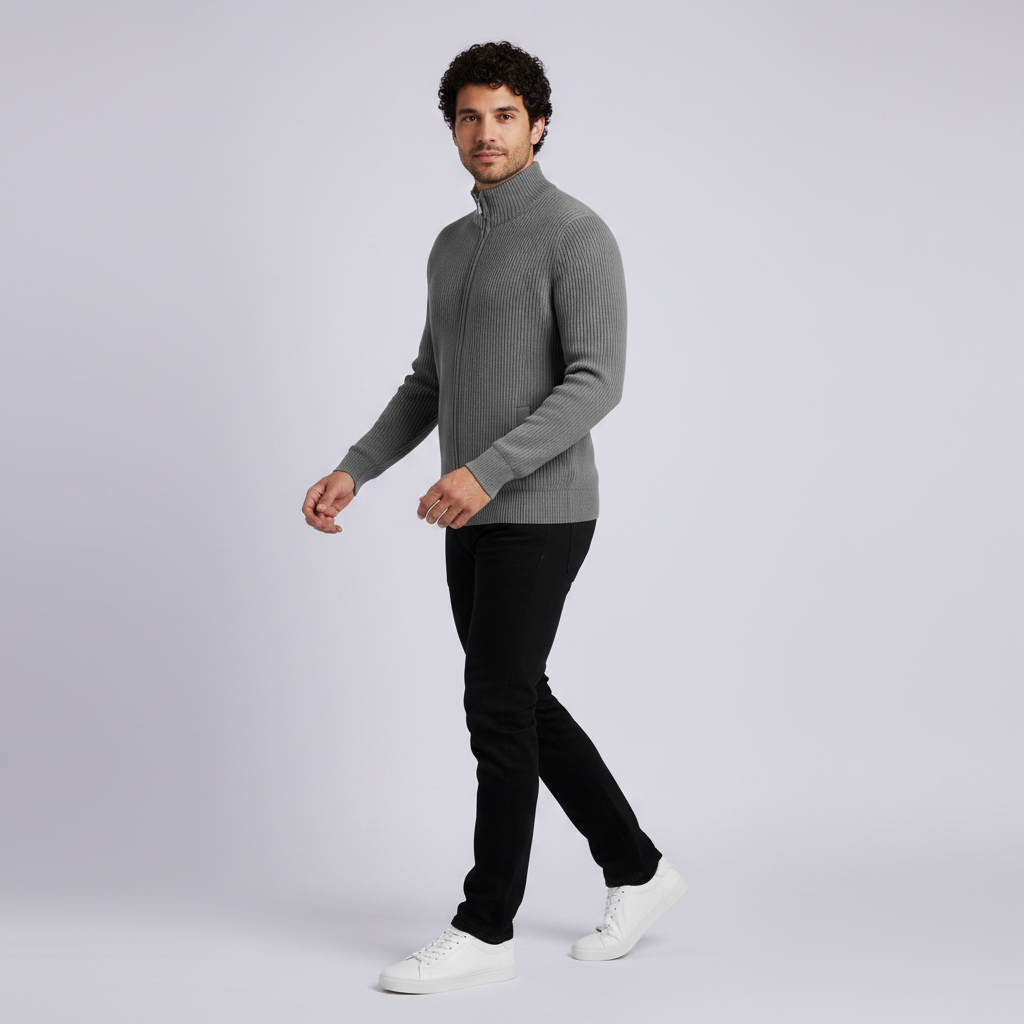 Slim-Fit Cardigan Herren | Rippstrickjacke mit Reißverschluss