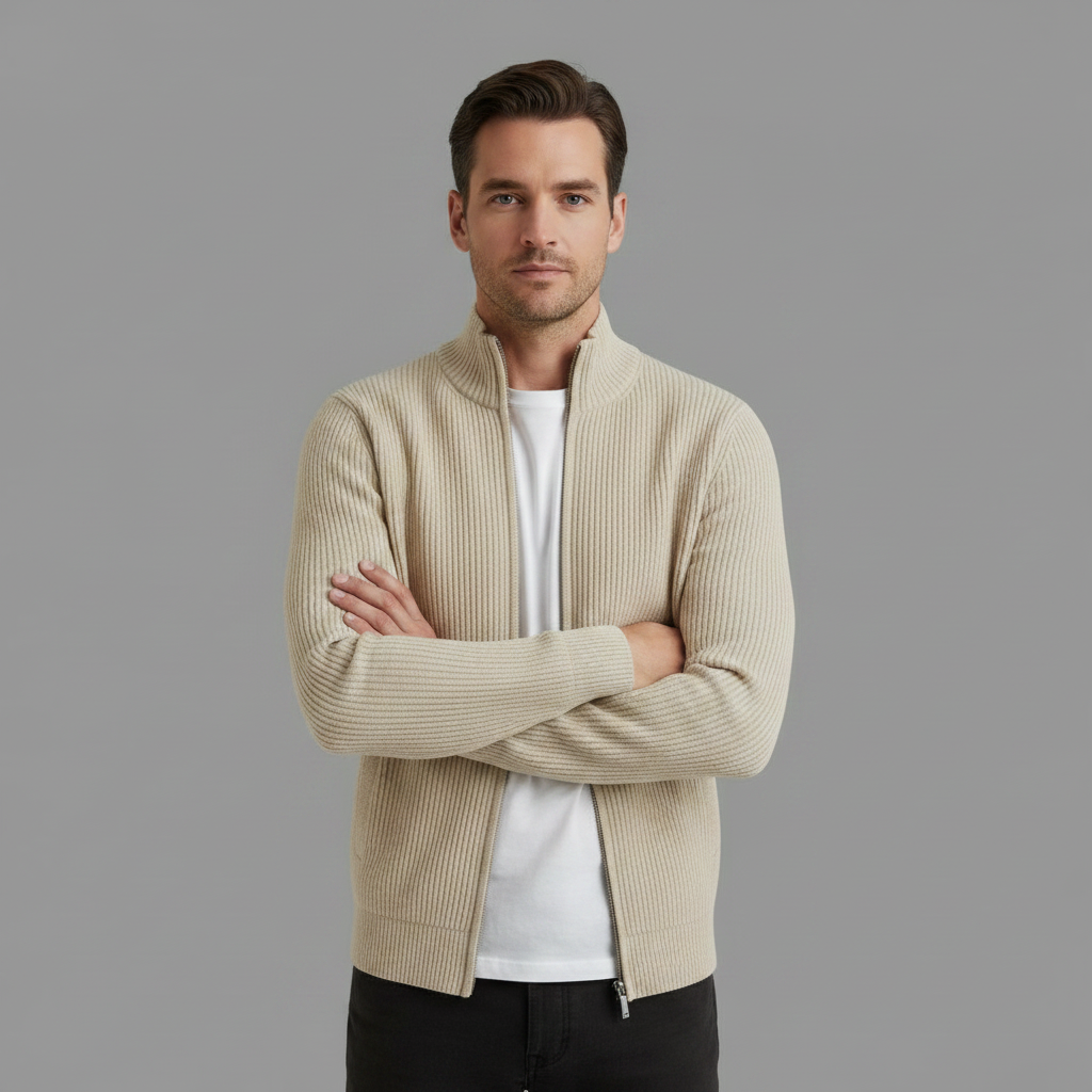 Slim-Fit Cardigan Herren | Rippstrickjacke mit Reißverschluss