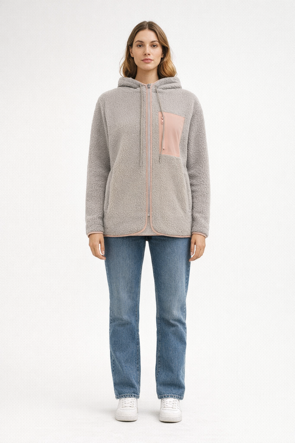 Hellgraue Woll-Teddyjacke mit Kapuze für Damen — Pink