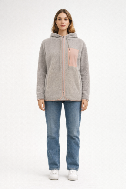 Hellgraue Woll-Teddyjacke mit Kapuze für Damen — Pink