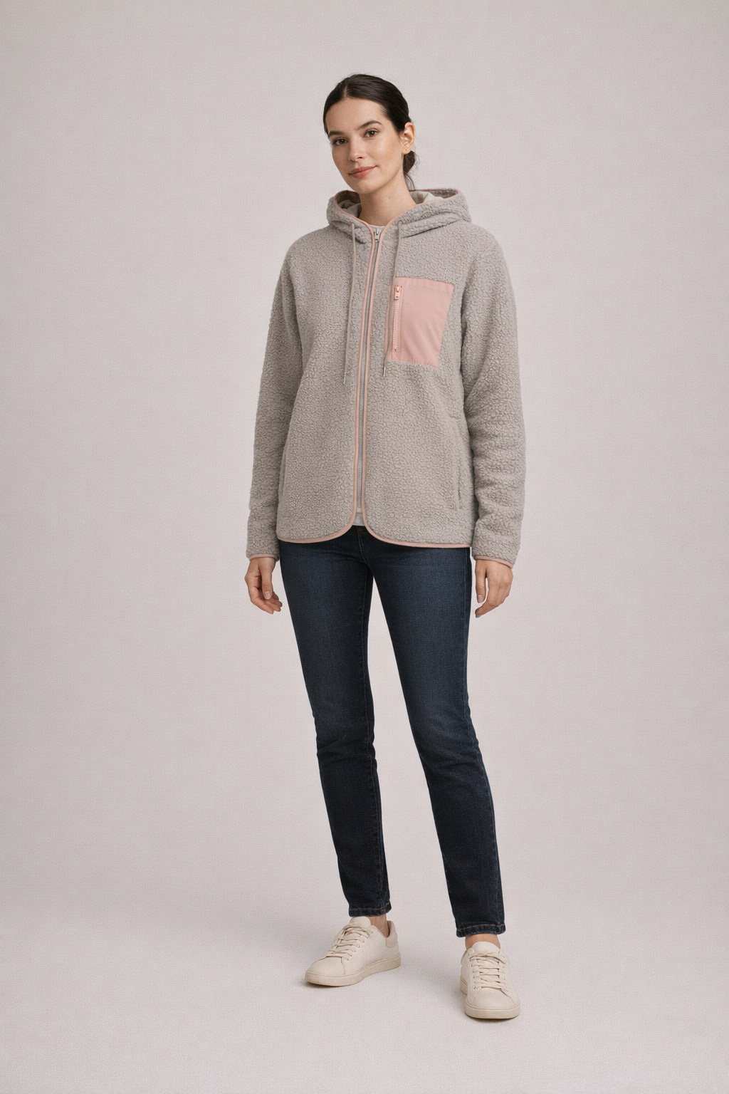 Hellgraue Woll-Teddyjacke mit Kapuze für Damen — Pink