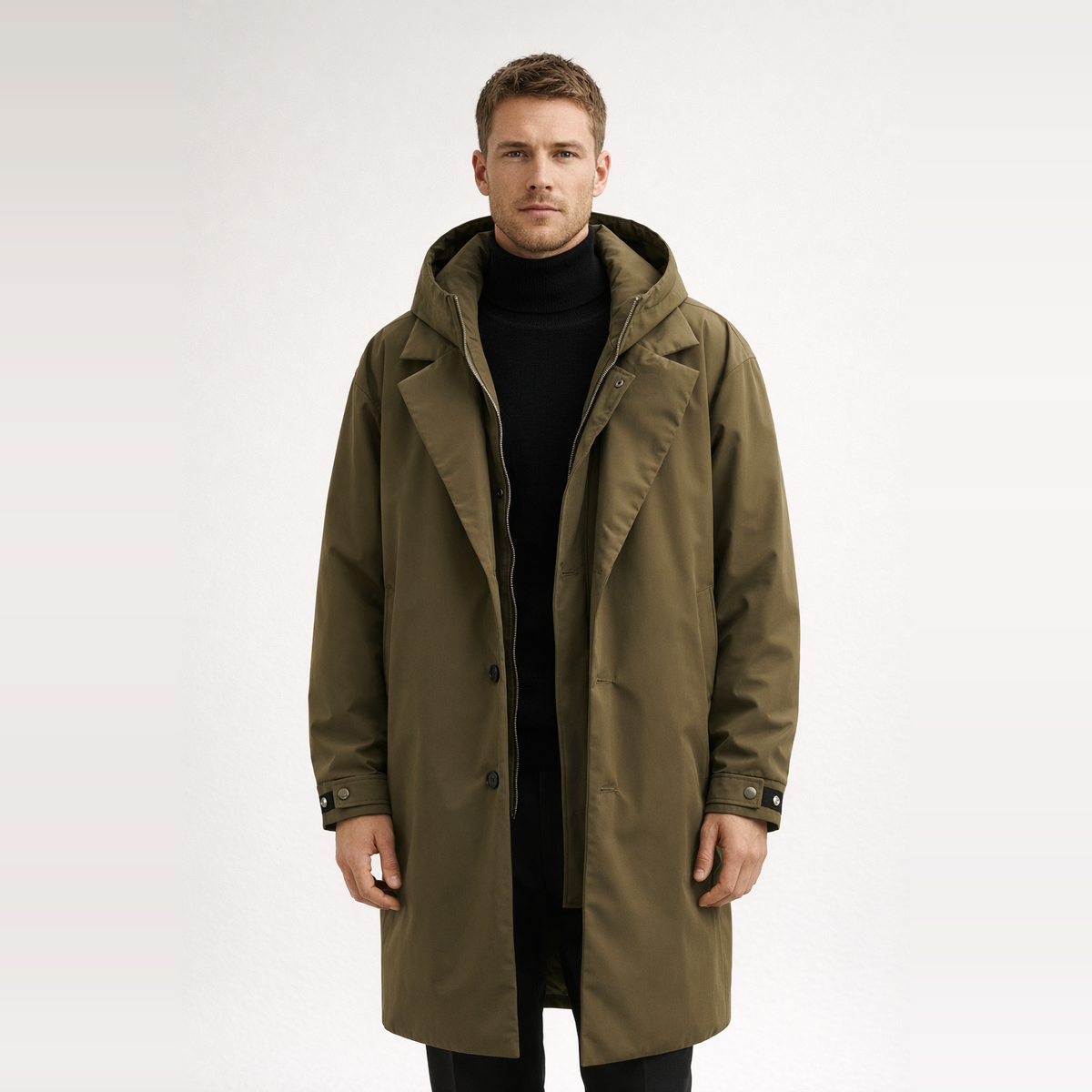 Herren Puffer Trenchcoat – Wasserdichter Langer Mantel Mit Kapuze
