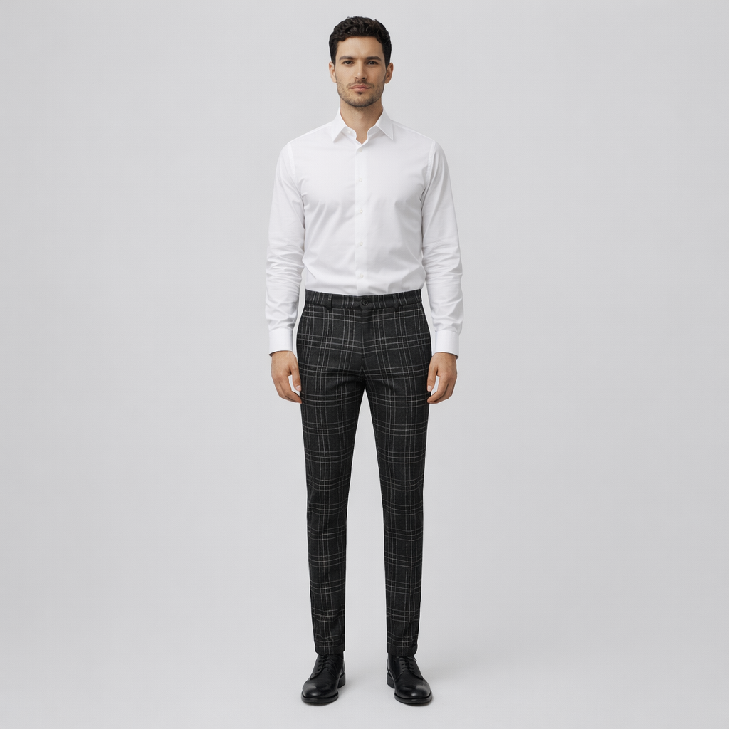 Herren Karierte Chinohose – Elegante Anzughose — Schwarz