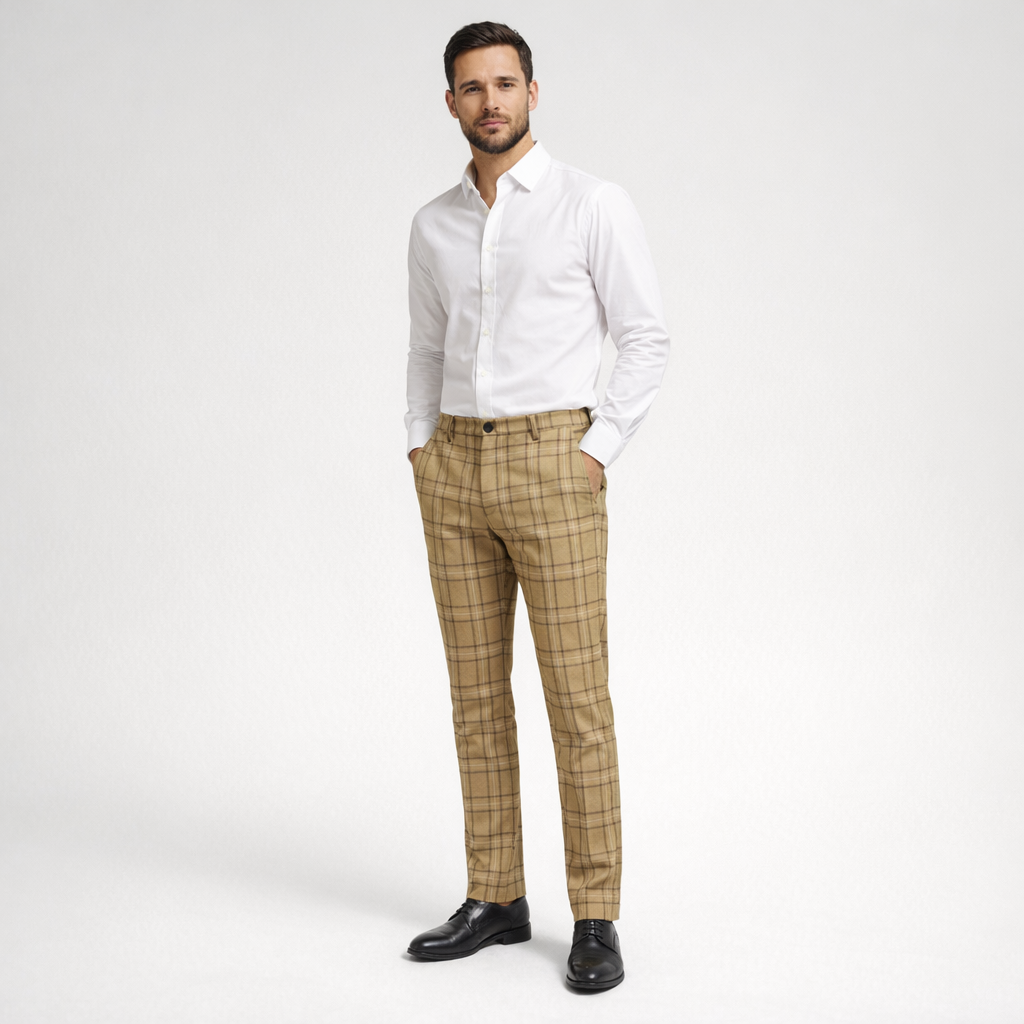 Herren Karierte Chinohose – Elegante Anzughose — Khaki