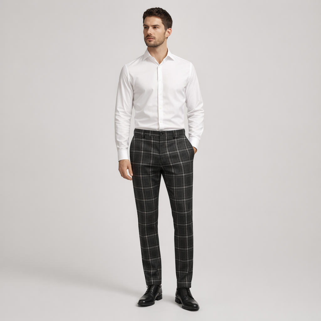 Herren Karierte Chinohose – Elegante Anzughose — Dunkelgrau