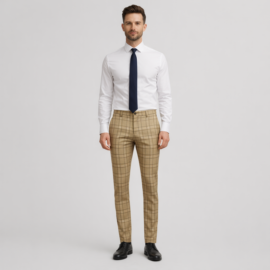 Herren Karierte Chinohose – Elegante Anzughose — Khaki