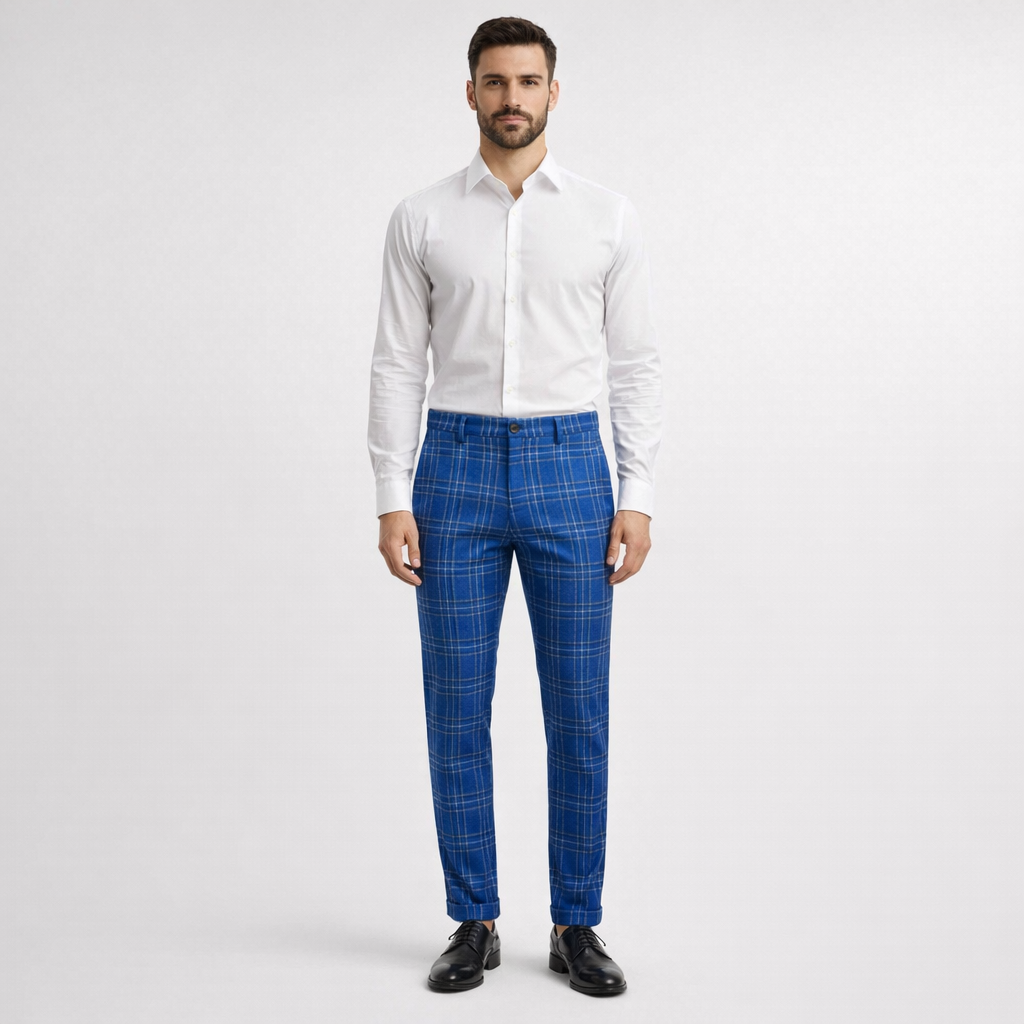 Herren Karierte Chinohose – Elegante Anzughose — Blau
