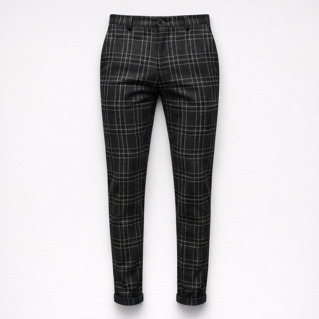 Herren Karierte Chinohose – Elegante Anzughose — Schwarz