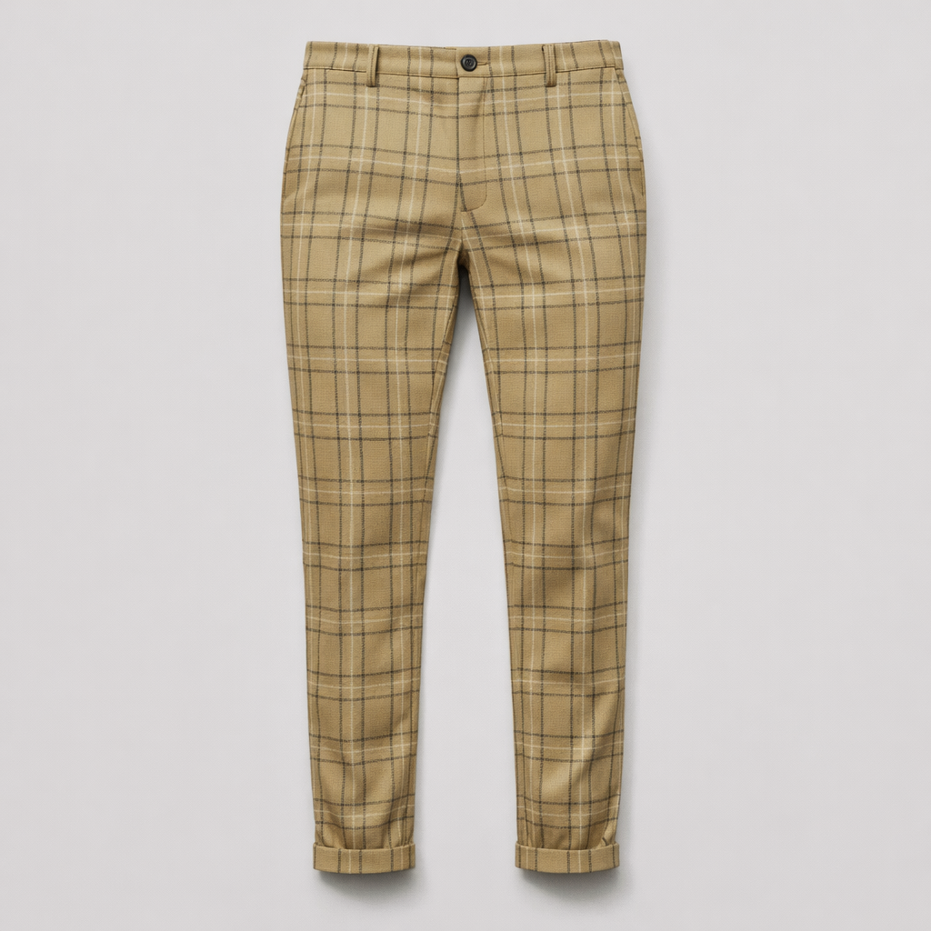 Herren Karierte Chinohose – Elegante Anzughose — Khaki