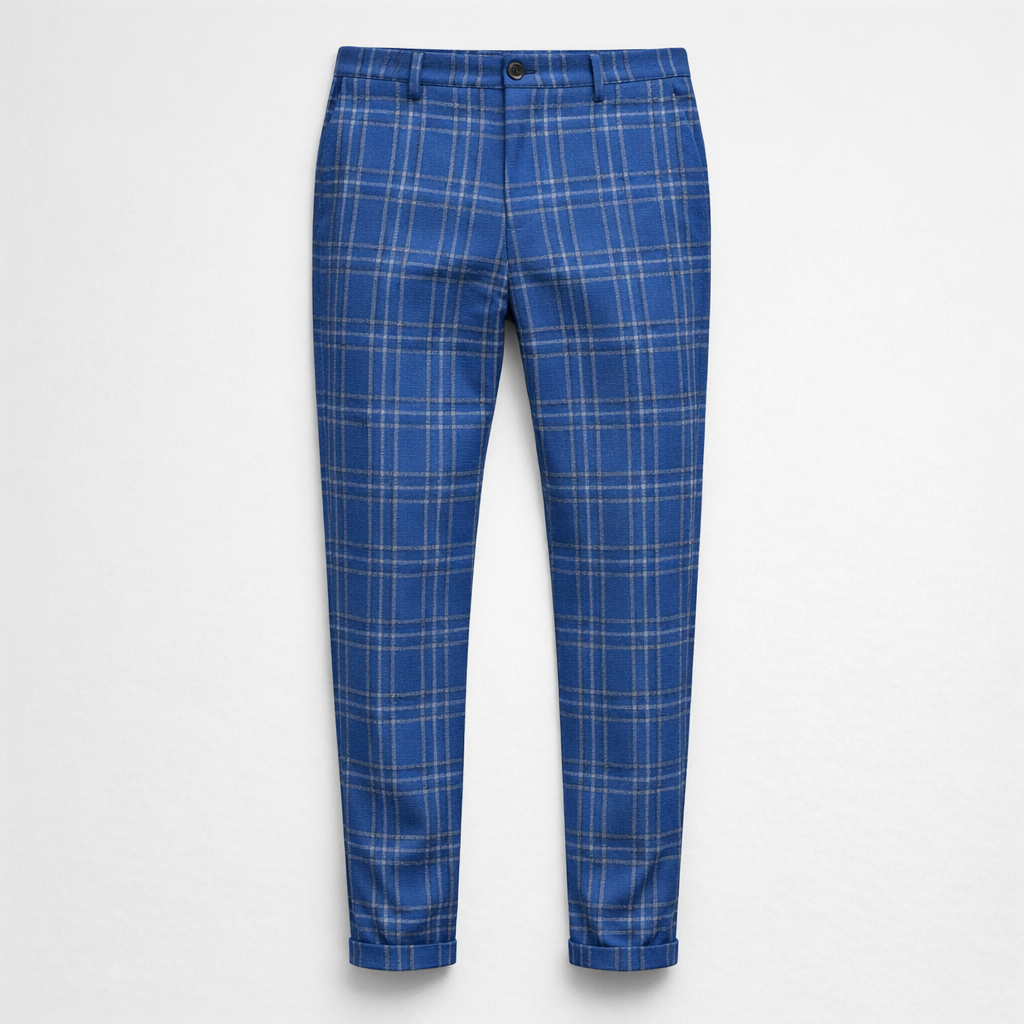 Herren Karierte Chinohose – Elegante Anzughose — Blau