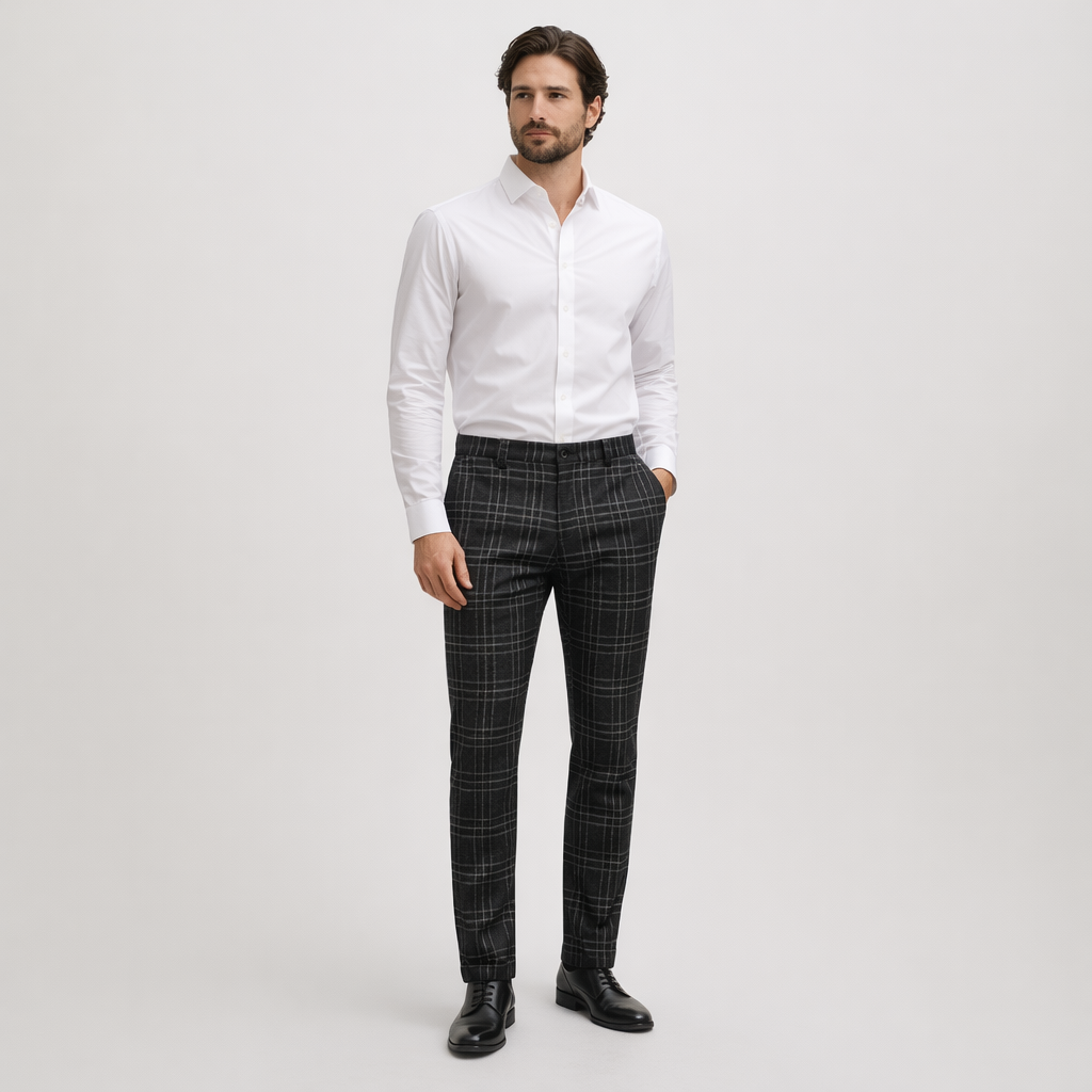 Herren Karierte Chinohose – Elegante Anzughose — Schwarz