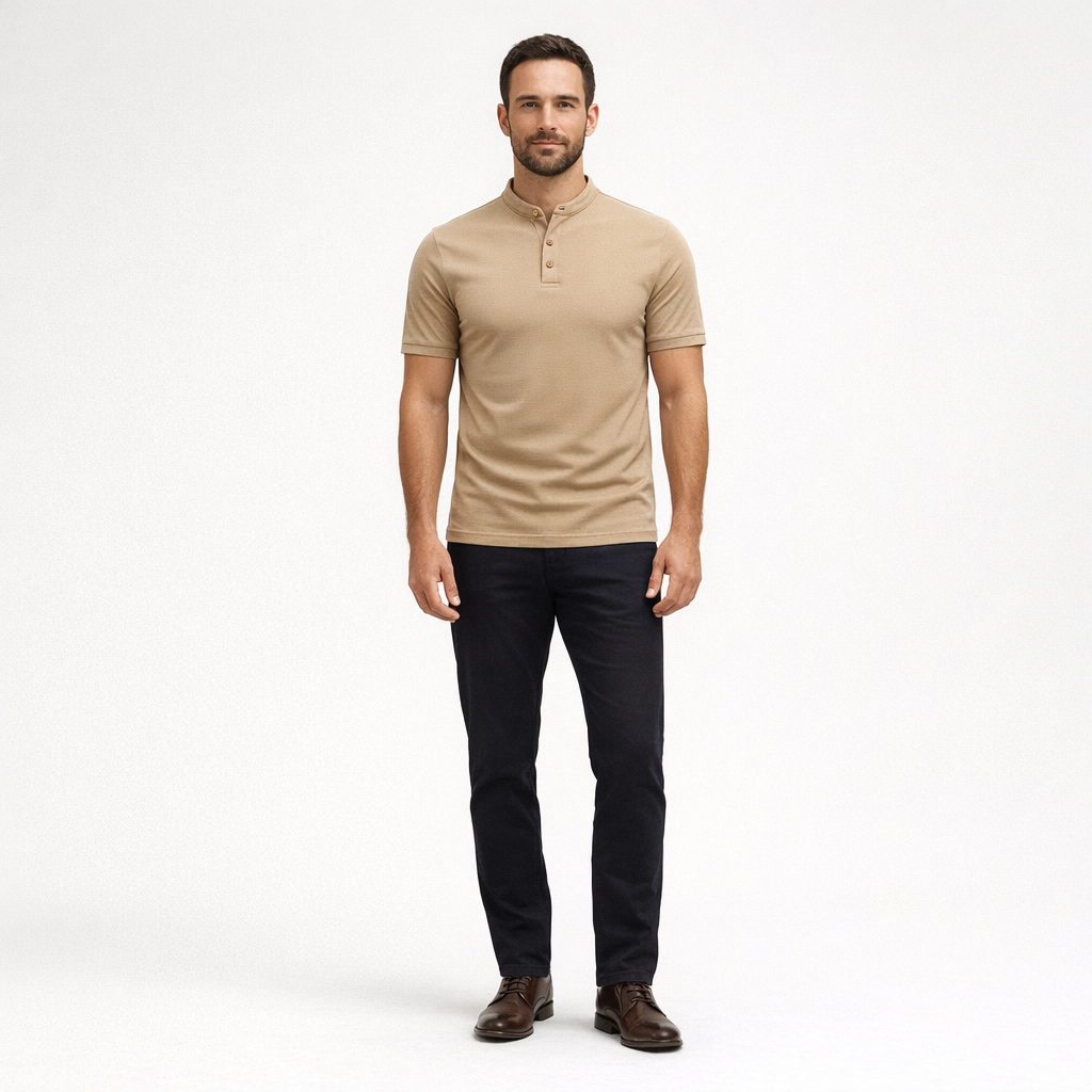 Herren Langarm-Poloshirt – Klassisch Elegant für Herbst — Khaki