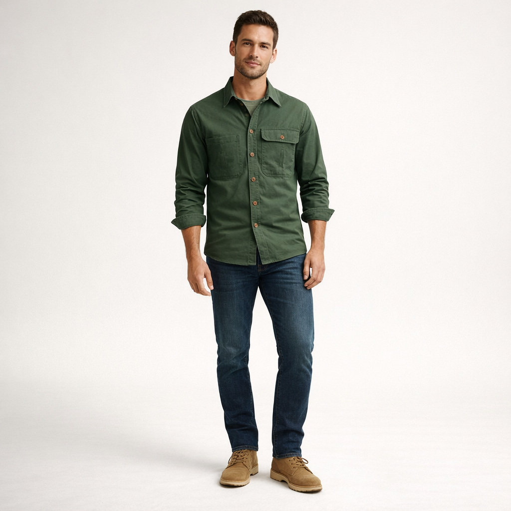 Herren-Langarmhemd aus Baumwolle – Regular Fit für den Herbst — Army Green