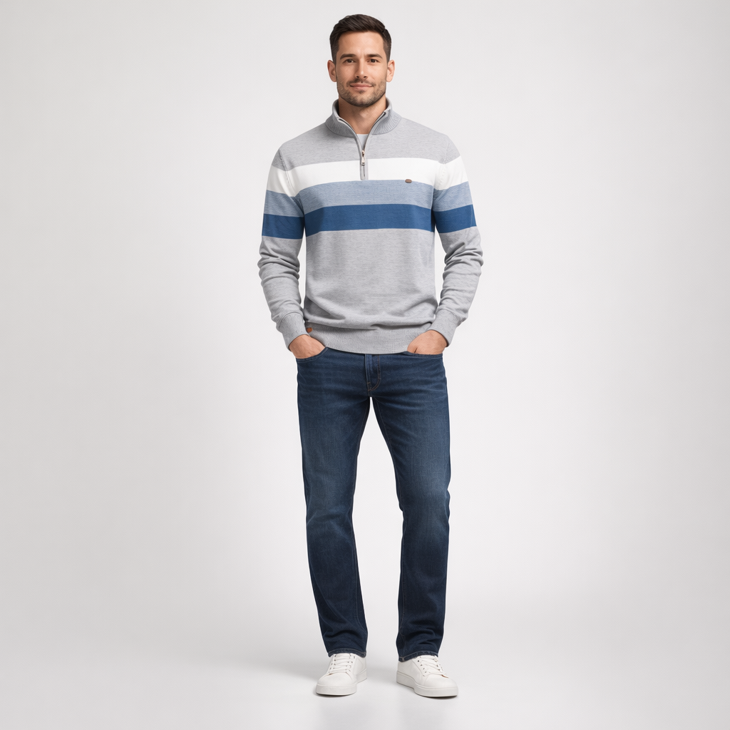 Herren Pullover Baumwolle Slim Fit – Burk Quarter Zip Sweater — Hellgrau