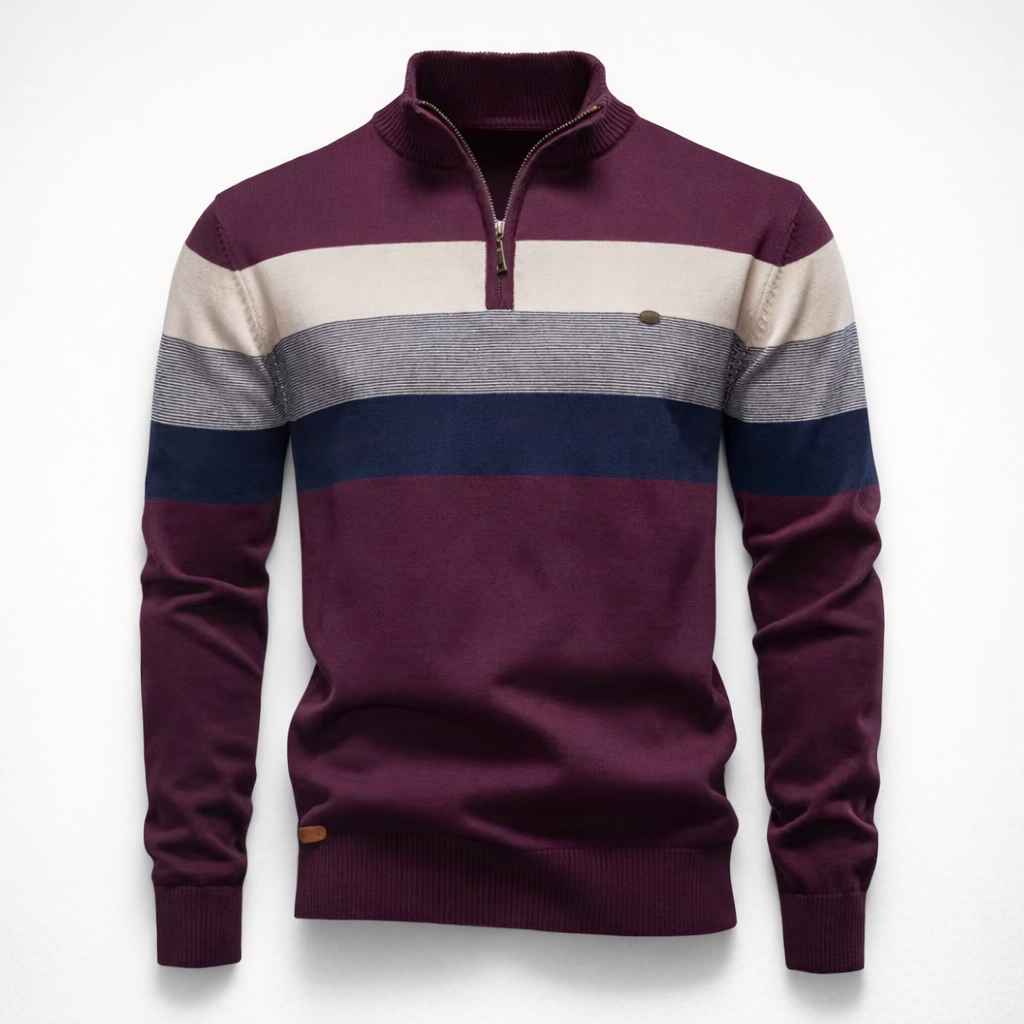 Herren Pullover Baumwolle Slim Fit – Burk Quarter Zip Sweater — Tiefes Pflaume
