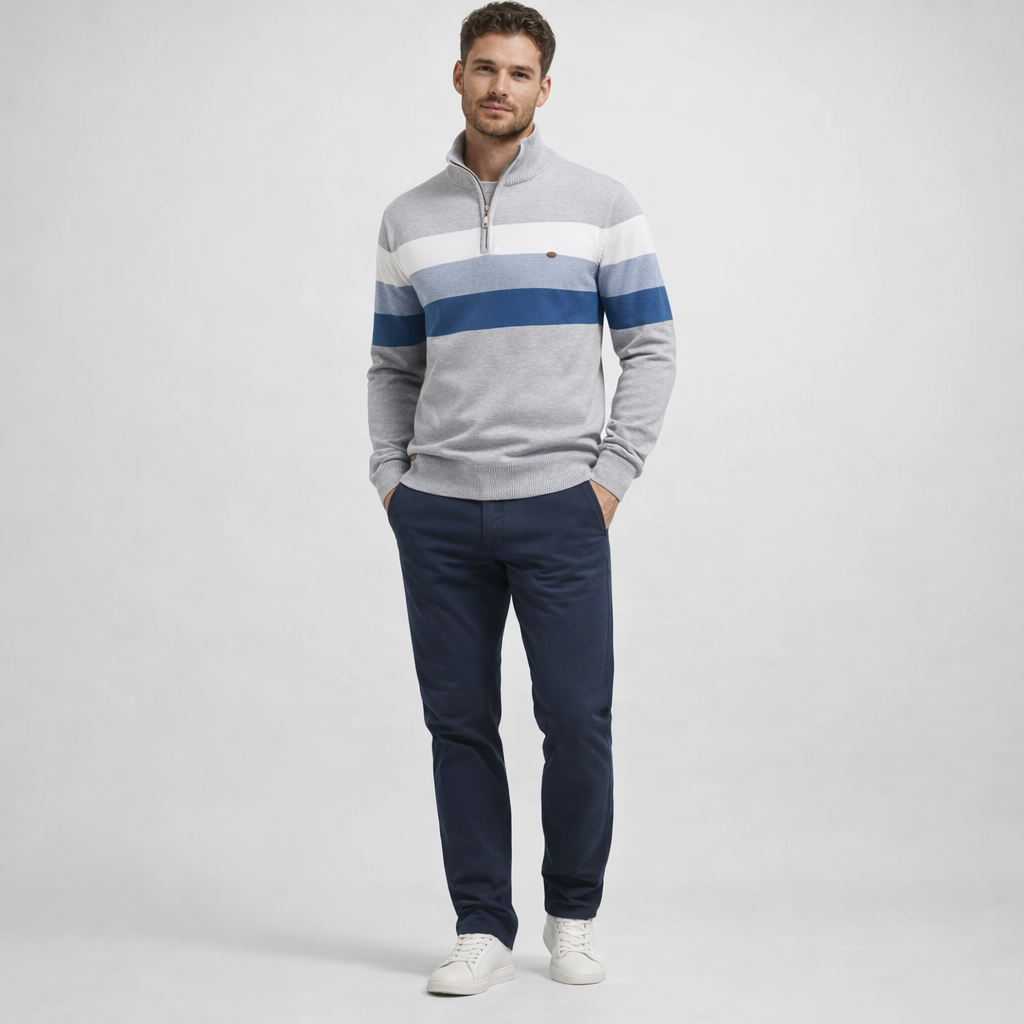 Herren Pullover Baumwolle Slim Fit – Burk Quarter Zip Sweater — Hellgrau