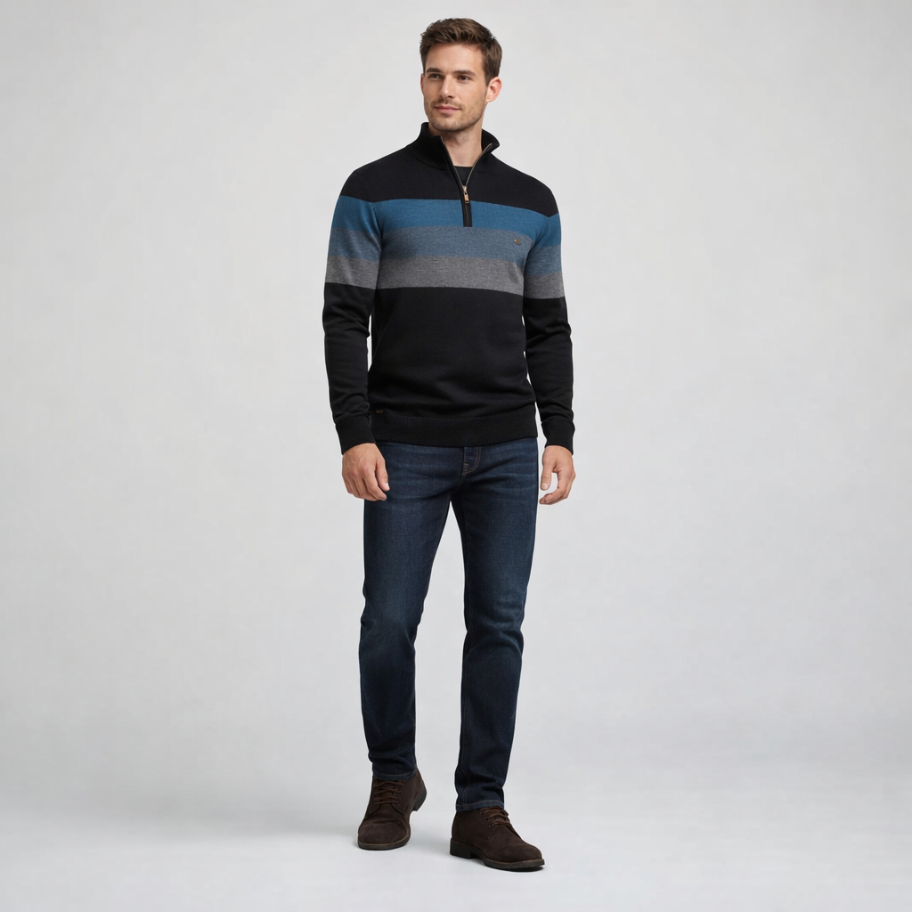 Herren Pullover Baumwolle Slim Fit – Burk Quarter Zip Sweater — Schwarz