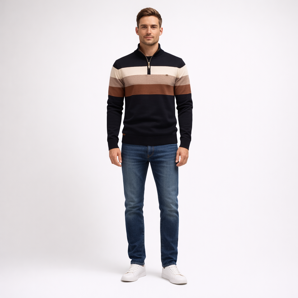 Herren Pullover Baumwolle Slim Fit – Burk Quarter Zip Sweater — Schwarz Espresso