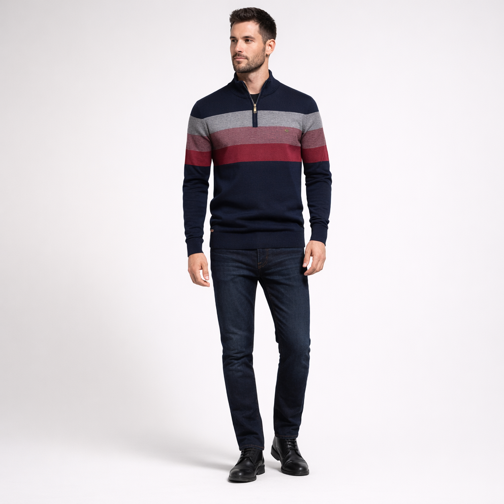 Herren Pullover Baumwolle Slim Fit – Burk Quarter Zip Sweater — Blau