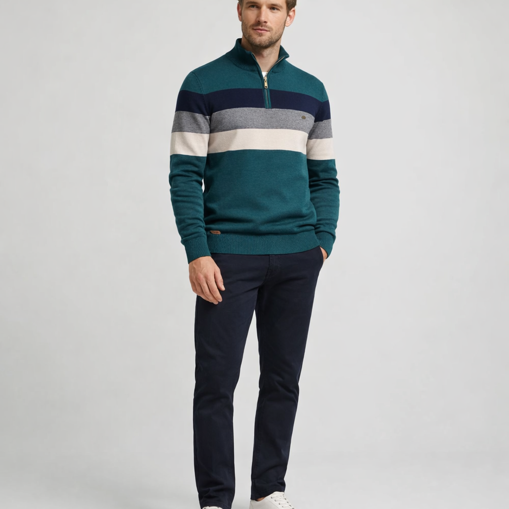 Herren Pullover Baumwolle Slim Fit – Burk Quarter Zip Sweater — Tiefes Türkis