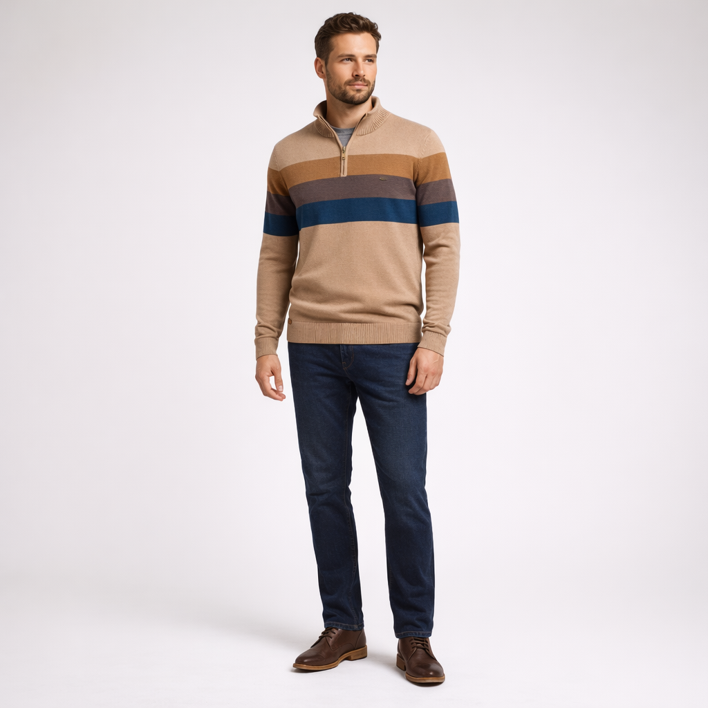 Herren Pullover Baumwolle Slim Fit – Burk Quarter Zip Sweater — Khaki
