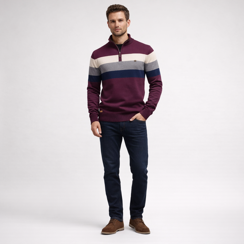 Herren Pullover Baumwolle Slim Fit – Burk Quarter Zip Sweater — Tiefes Pflaume