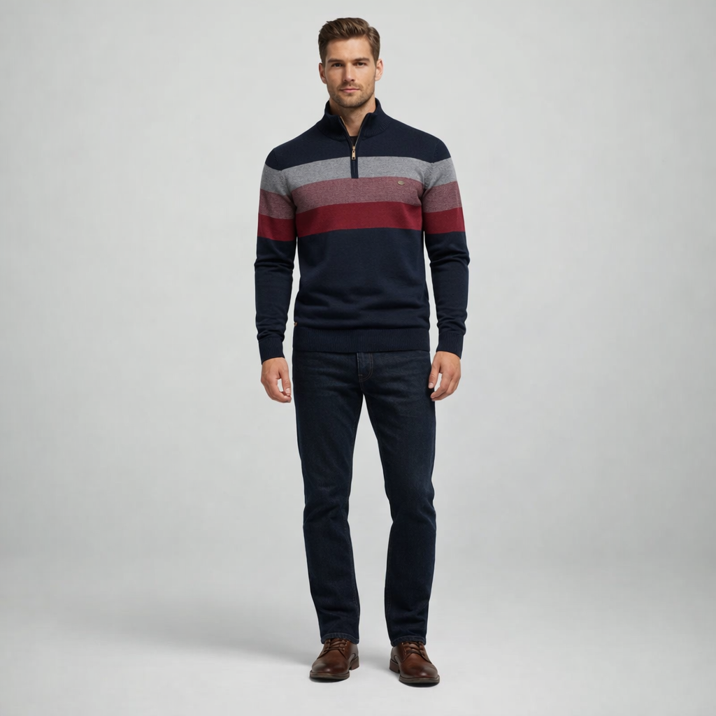 Herren Pullover Baumwolle Slim Fit – Burk Quarter Zip Sweater — Blau