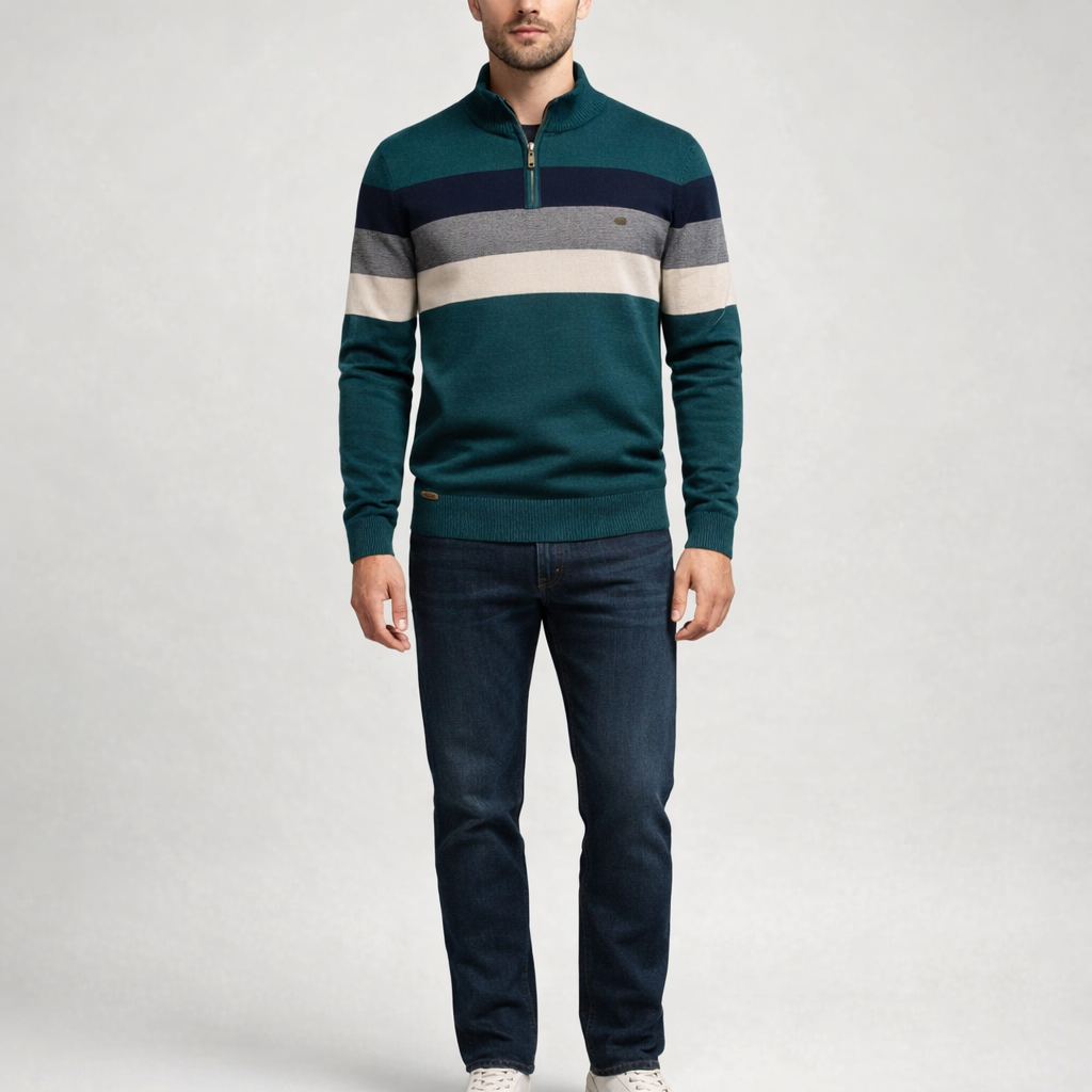 Herren Pullover Baumwolle Slim Fit – Burk Quarter Zip Sweater — Tiefes Türkis