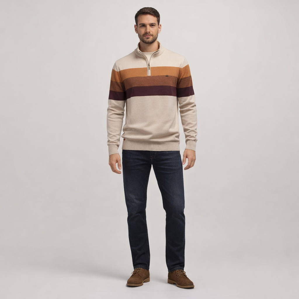 Herren Pullover Baumwolle Slim Fit – Burk Quarter Zip Sweater — Sandstein