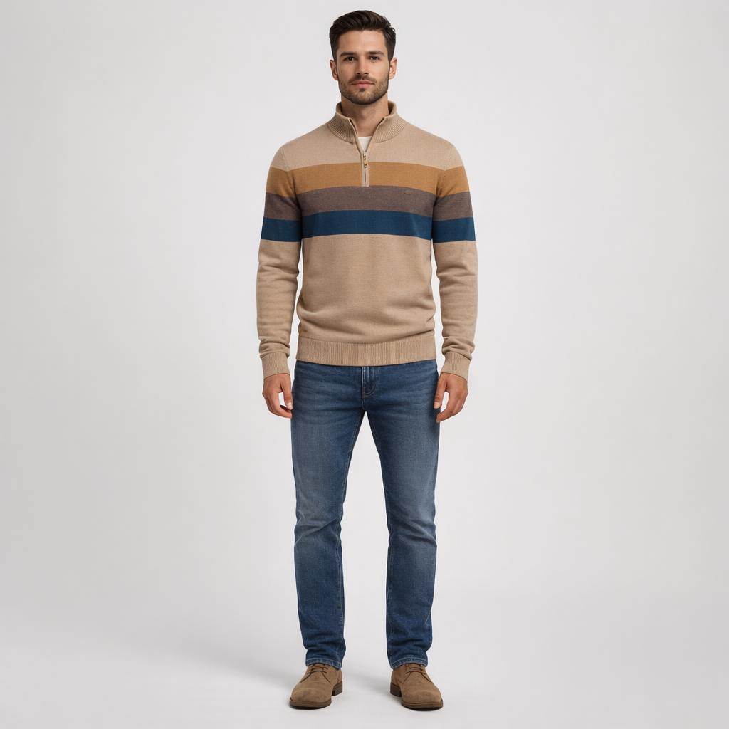 Herren Pullover Baumwolle Slim Fit – Burk Quarter Zip Sweater — Khaki
