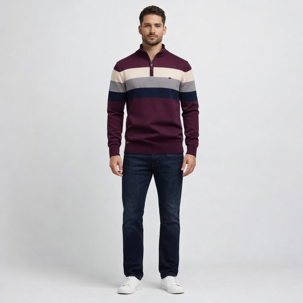 Herren Pullover Baumwolle Slim Fit – Burk Quarter Zip Sweater — Tiefes Pflaume