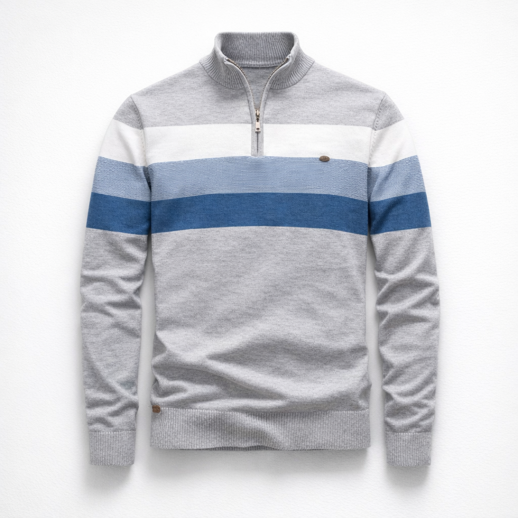 Herren Pullover Baumwolle Slim Fit – Burk Quarter Zip Sweater — Hellgrau