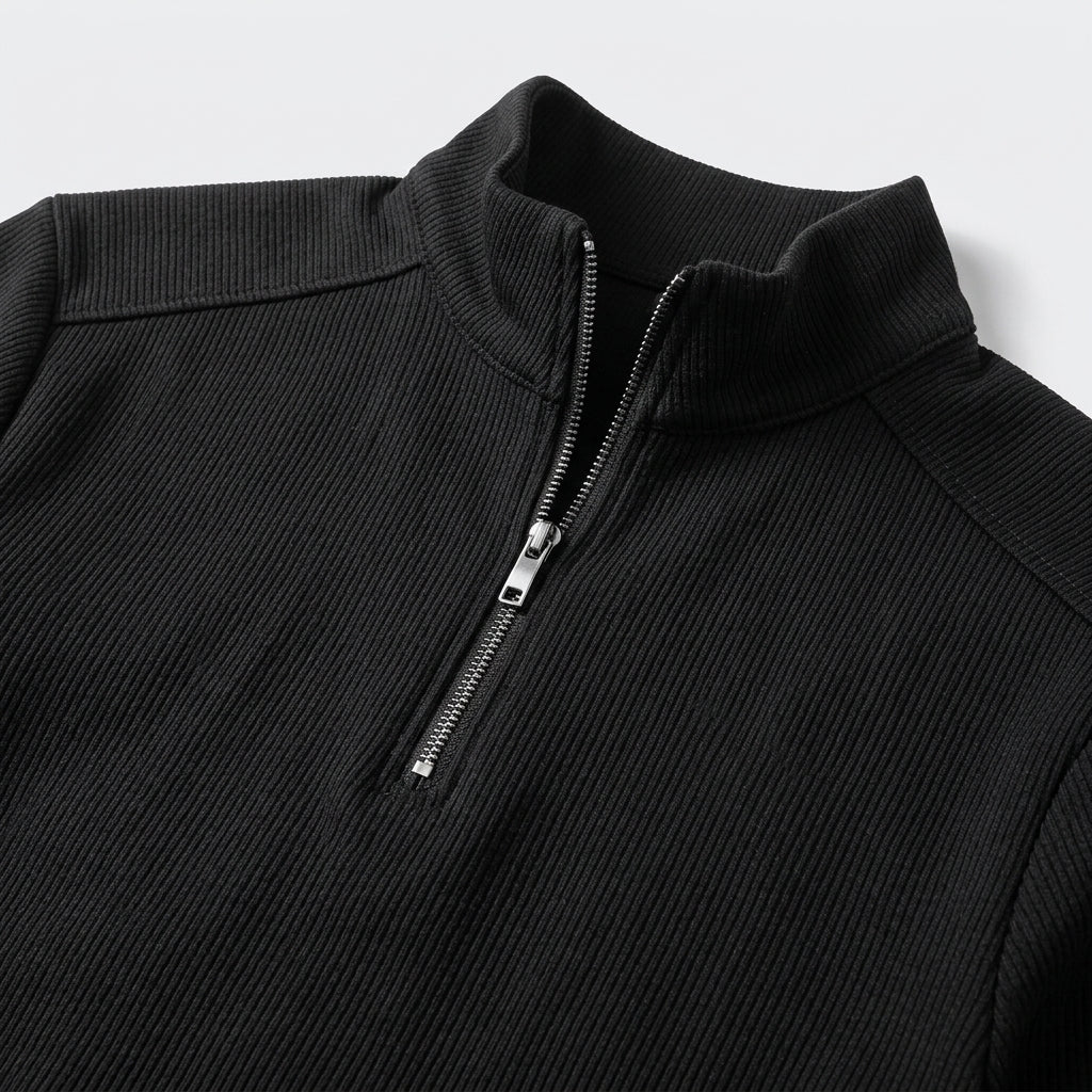 Herren Langarm Strickpolo mit Reißverschluss — Schwarz