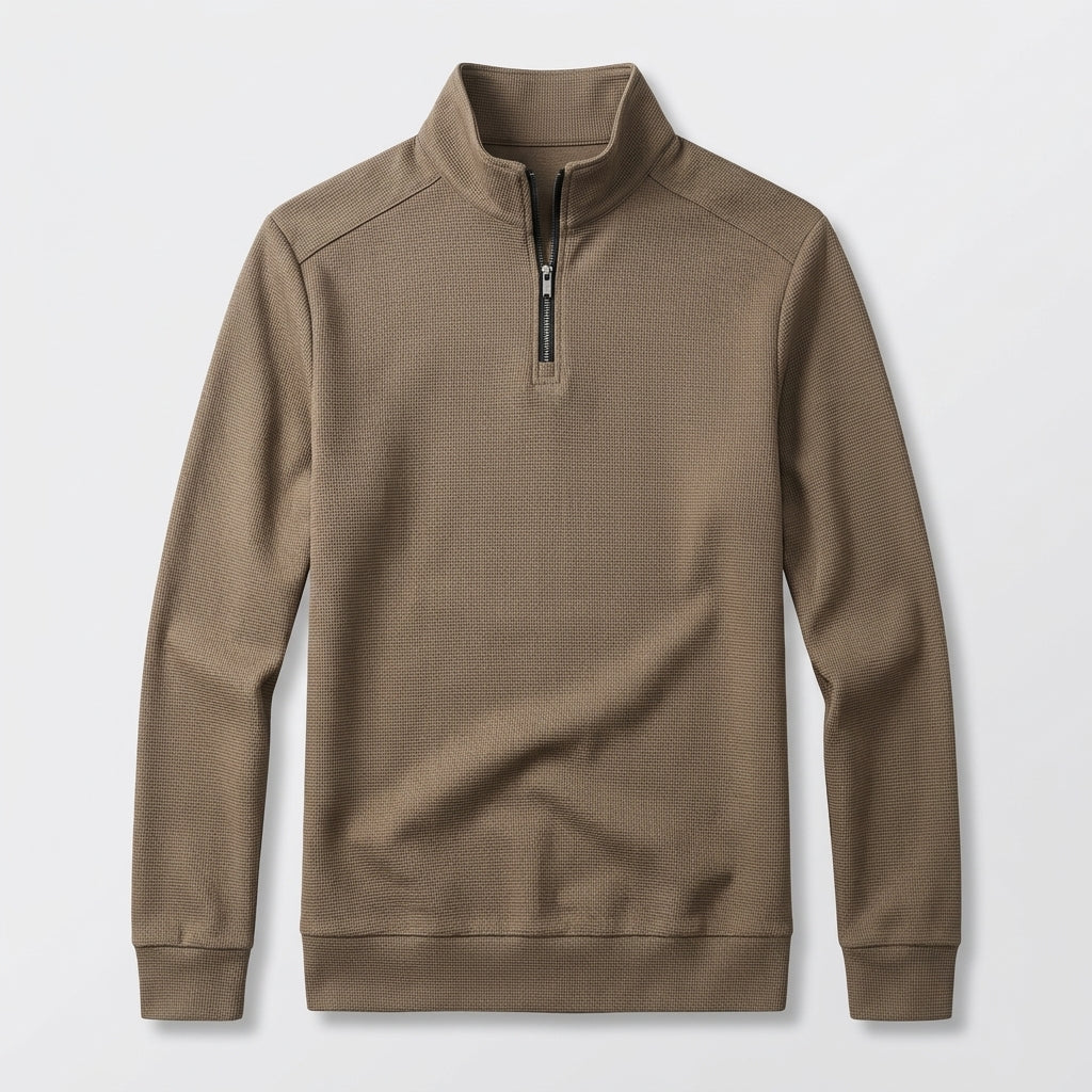 Herren Langarm Strickpolo mit Reißverschluss — Dunkelbeige