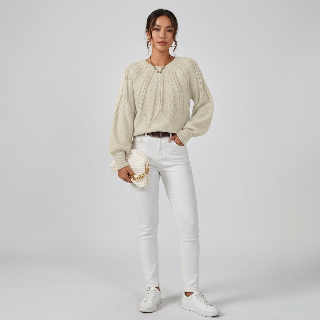 Damen Strickpullover mit Zopfmuster – Relaxed Fit — Beige