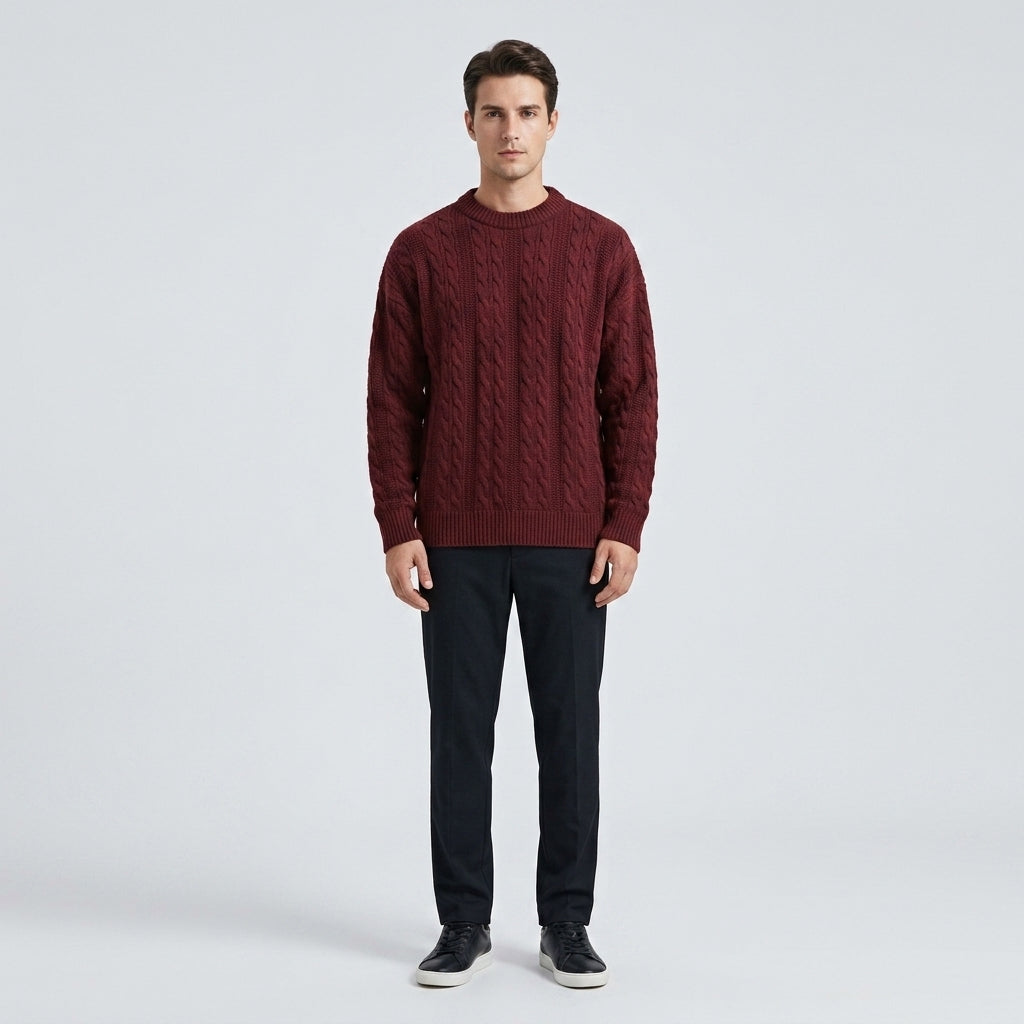 Herren Strickpullover mit Zopfmuster – Regular Fit — Merlotrot