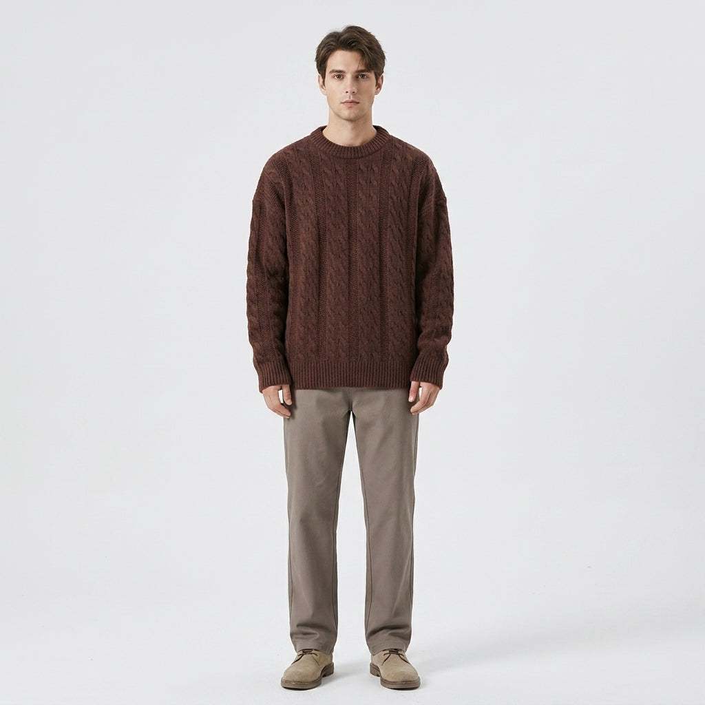 Herren Strickpullover mit Zopfmuster – Regular Fit — Kastanienbraun