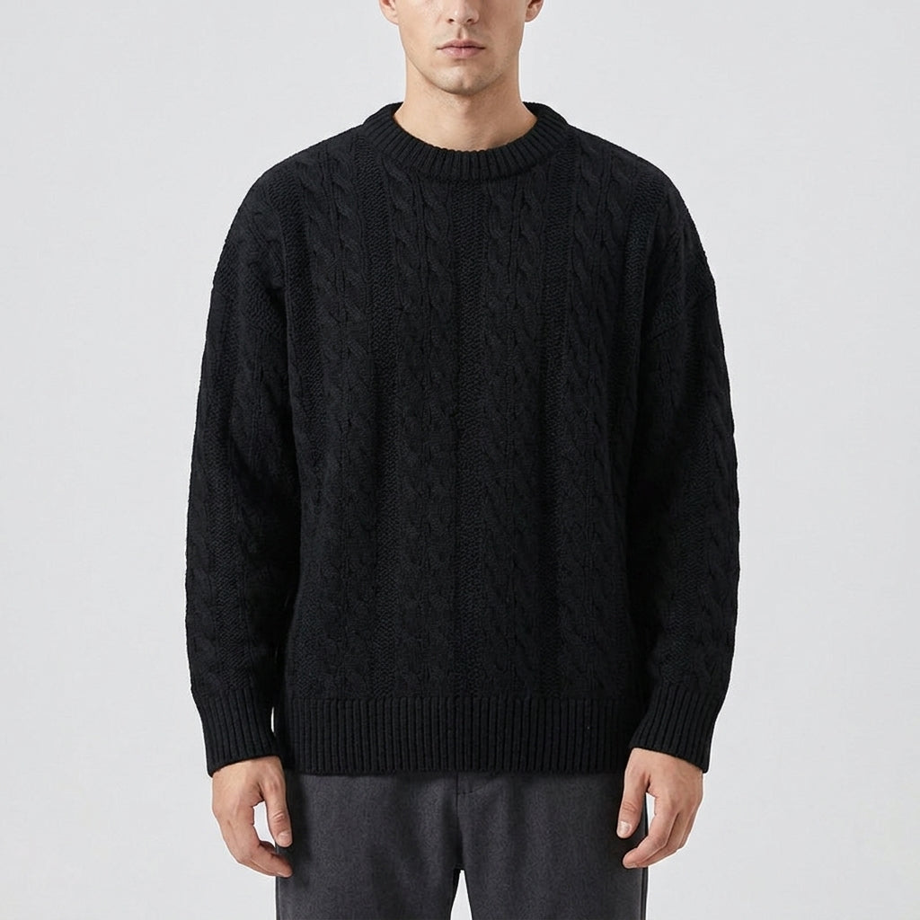 Herren Strickpullover mit Zopfmuster – Regular Fit — Schwarz