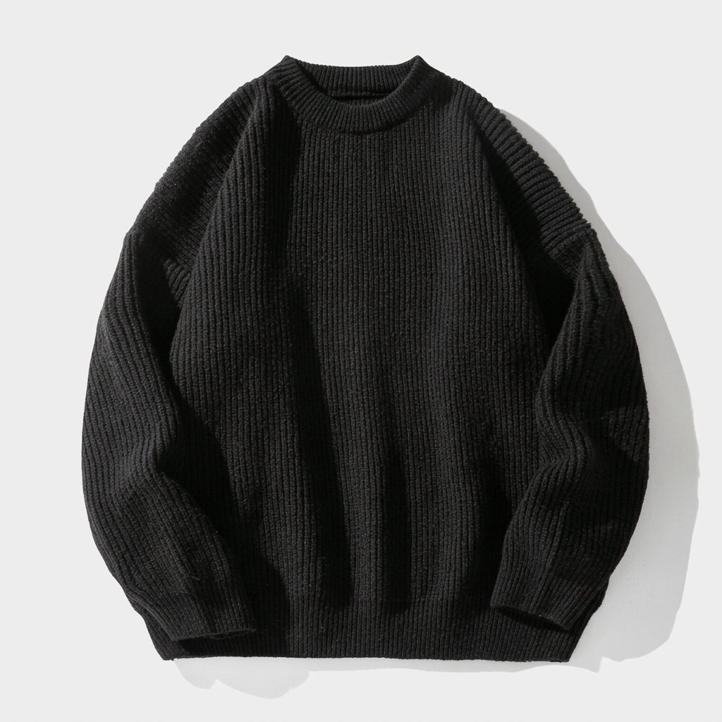 Herren Strickpullover in Rippstrick – Relaxed Fit — Schwarz