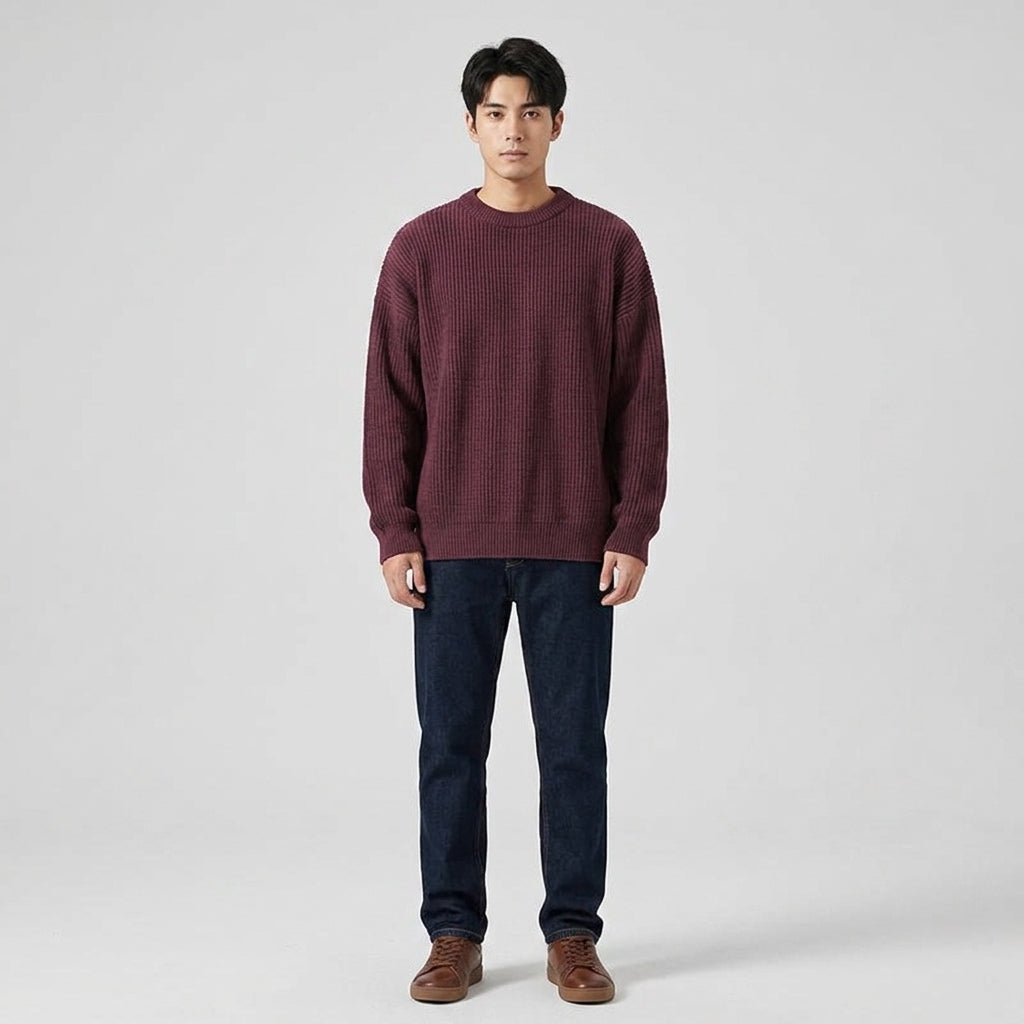 Herren Strickpullover in Rippstrick – Relaxed Fit — Burgund