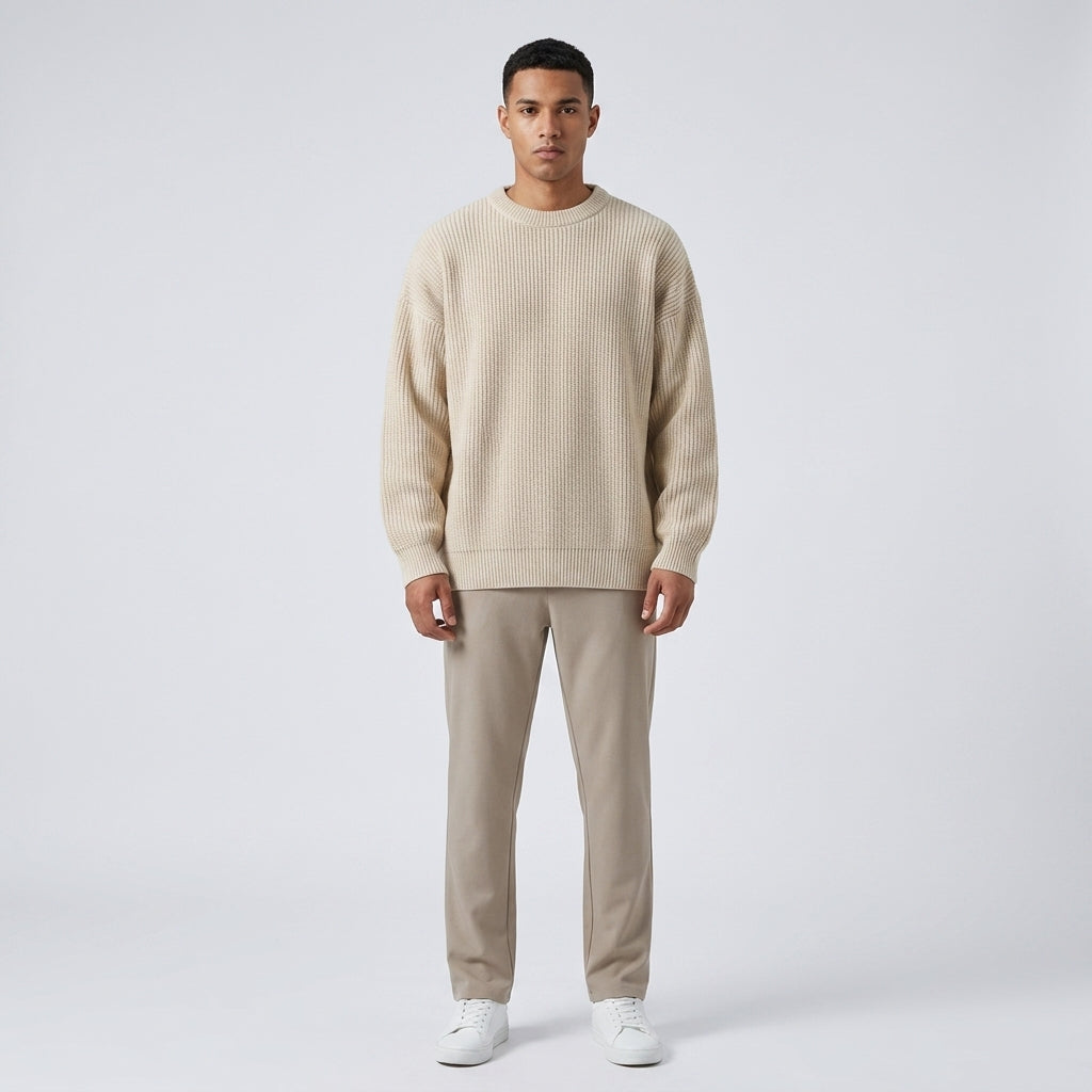 Herren Strickpullover in Rippstrick – Relaxed Fit — Beige