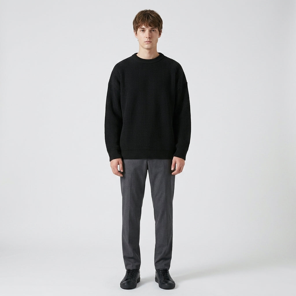 Herren Strickpullover in Rippstrick – Relaxed Fit — Schwarz
